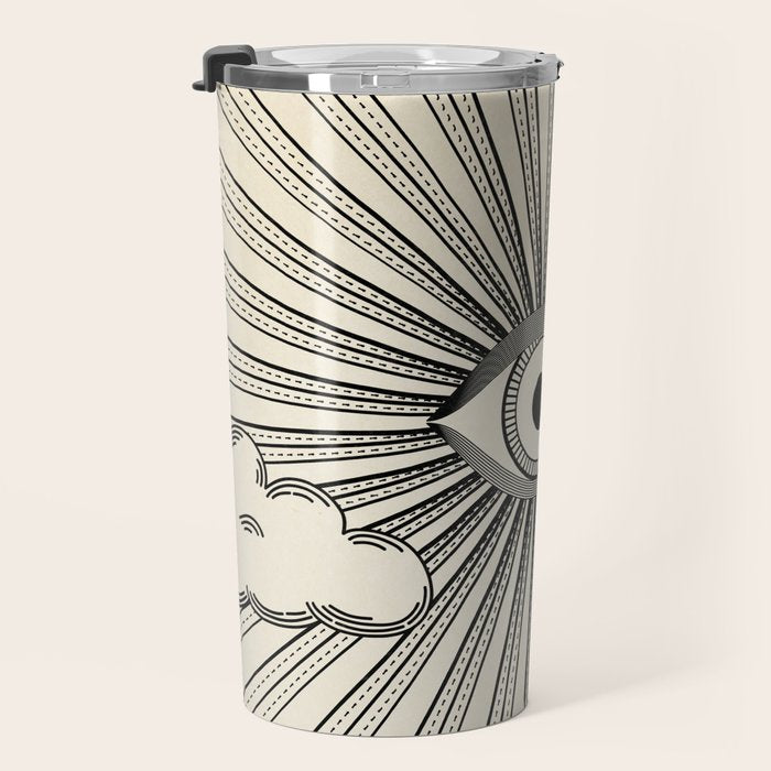 Radiant eye minimal sky scene with clouds - black lines on neutral Travel Mug Gallery Image 3