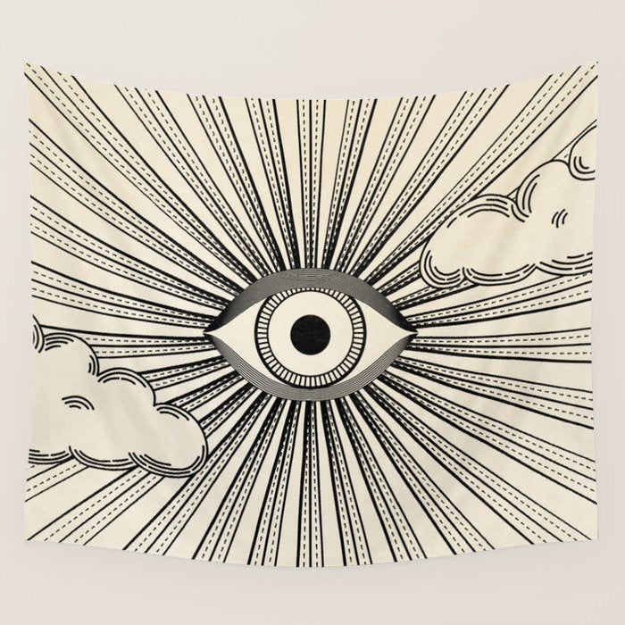 Radiant eye minimal sky scene with clouds - black lines on neutral Wall Tapestry Gallery Image 4