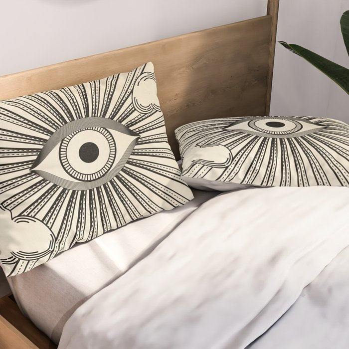 Radiant eye minimal sky scene with clouds - black lines on neutral Pillow Sham Gallery Image 2