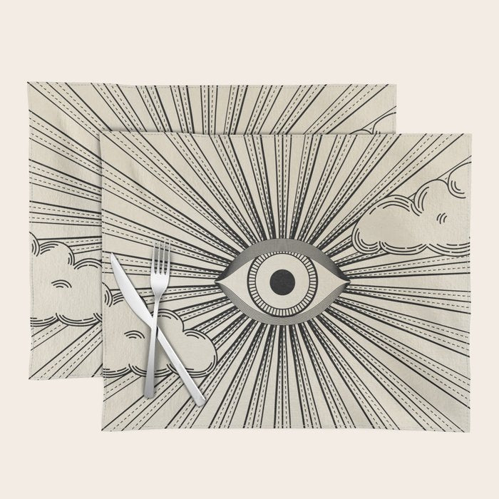 Radiant eye minimal sky scene with clouds - black lines on neutral Placemat Gallery Image 1