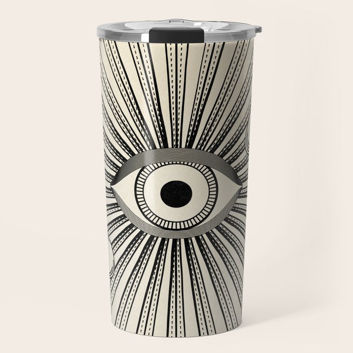 Radiant eye minimal sky scene with clouds - black lines on neutral Travel Mug Gallery Image 1