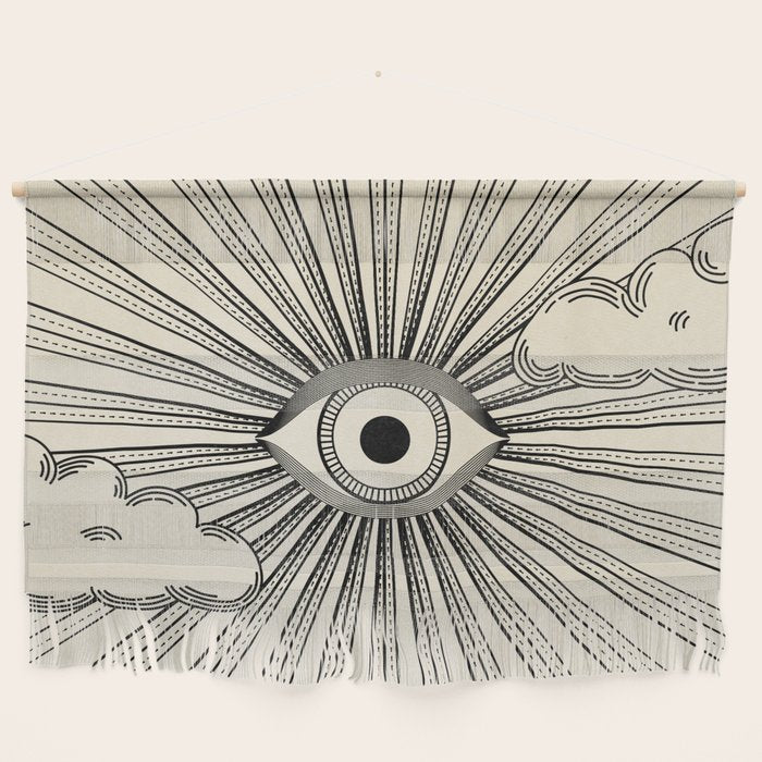 Radiant eye minimal sky scene with clouds - black lines on neutral Wall Hanging Gallery Image 1