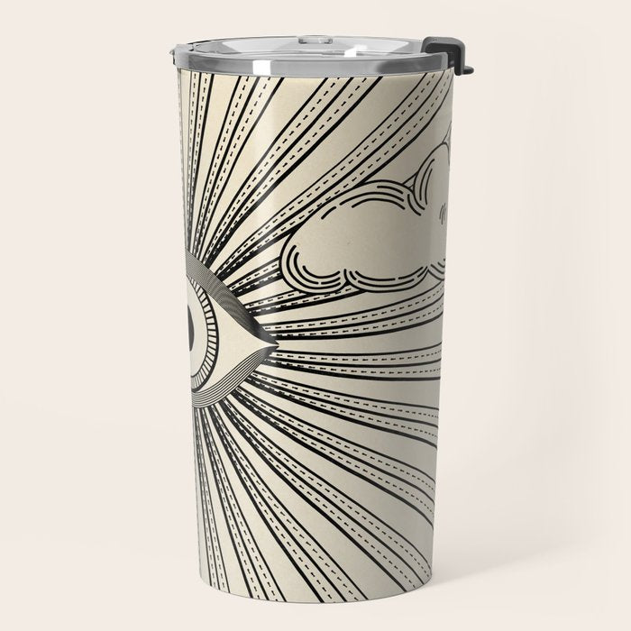 Radiant eye minimal sky scene with clouds - black lines on neutral Travel Mug Gallery Image 2