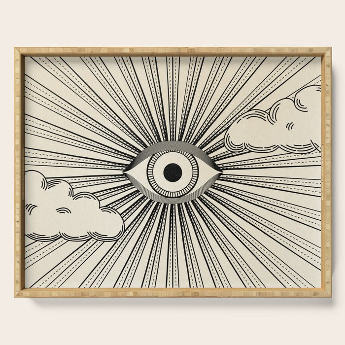 Radiant eye minimal sky scene with clouds - black lines on neutral Serving Tray Gallery Image 1