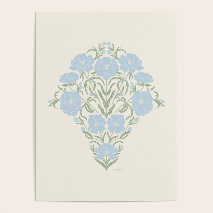 Retro boho flowers - light blue peonies -pastel floral block print Poster Gallery Image 1