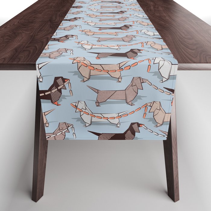 Origami Dachshunds sausage dogs // pale blue background Table Runner Gallery Image 1