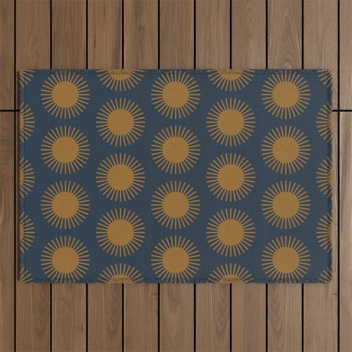 Boho Summer Sun Pattern VII Navy Blue Burnt Orange Outdoor Rug Gallery Image 1