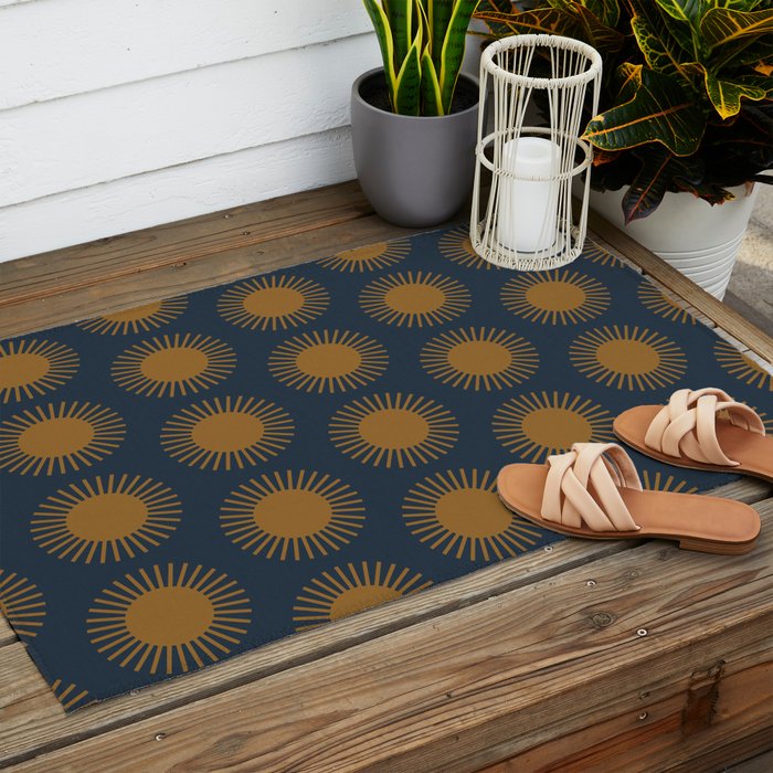 Boho Summer Sun Pattern VII Navy Blue Burnt Orange Outdoor Rug Gallery Image 2