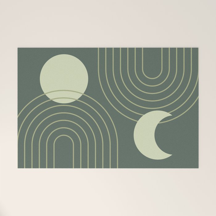 Mid Century Modern Geometric 126 in Forest Green Shades (Rainbow and Sun Abstraction) Welcome Mat Gallery Image 1