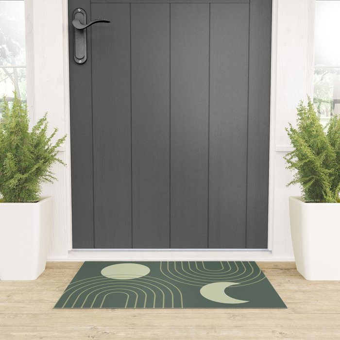 Mid Century Modern Geometric 126 in Forest Green Shades (Rainbow and Sun Abstraction) Welcome Mat Gallery Image 3
