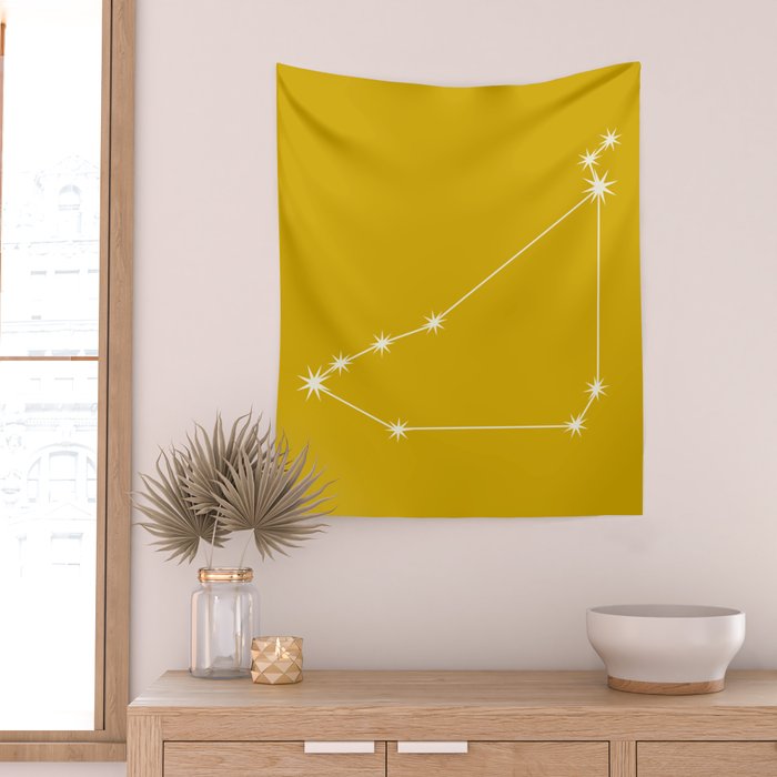 Capricorn Zodiac Star Constellation Line Art Golden Yellow Wall Tapestry Gallery Image 2