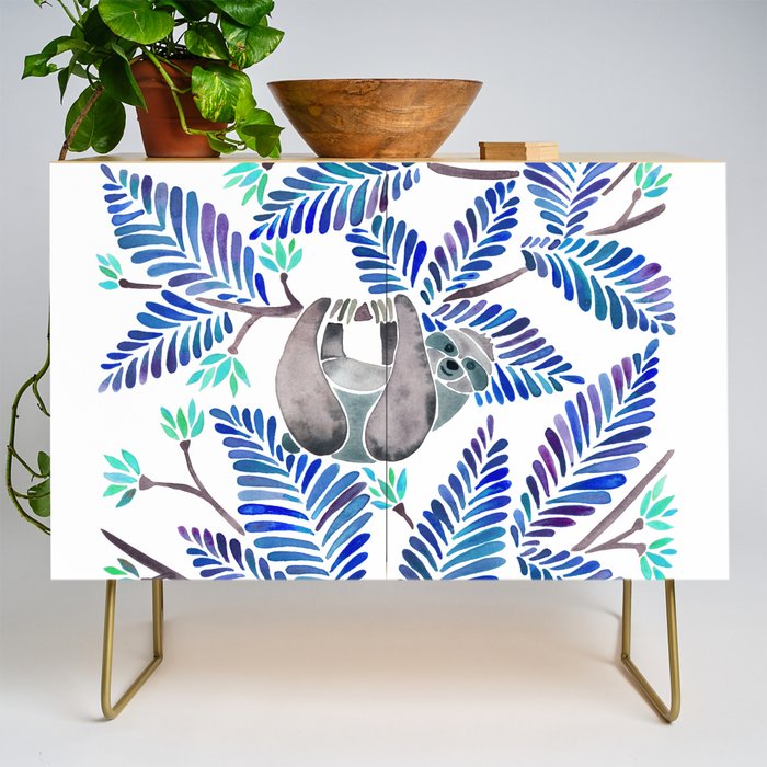 Happy Sloth - Tropical Blue Leaves Credenza Gallery Image 1