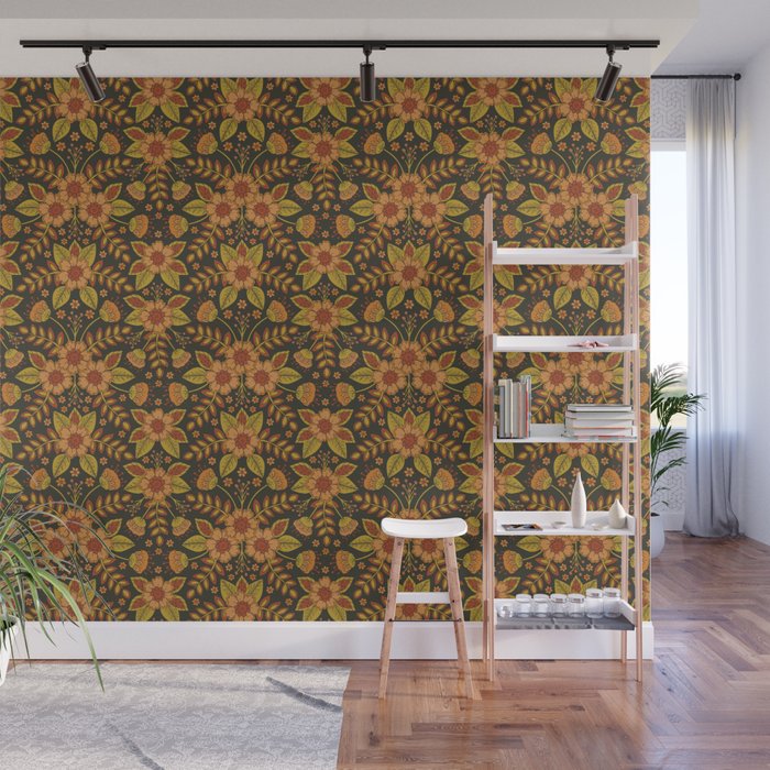 Orange, Peach, Olive Green & Dark Gray Floral Pattern Wall Mural Gallery Image 1