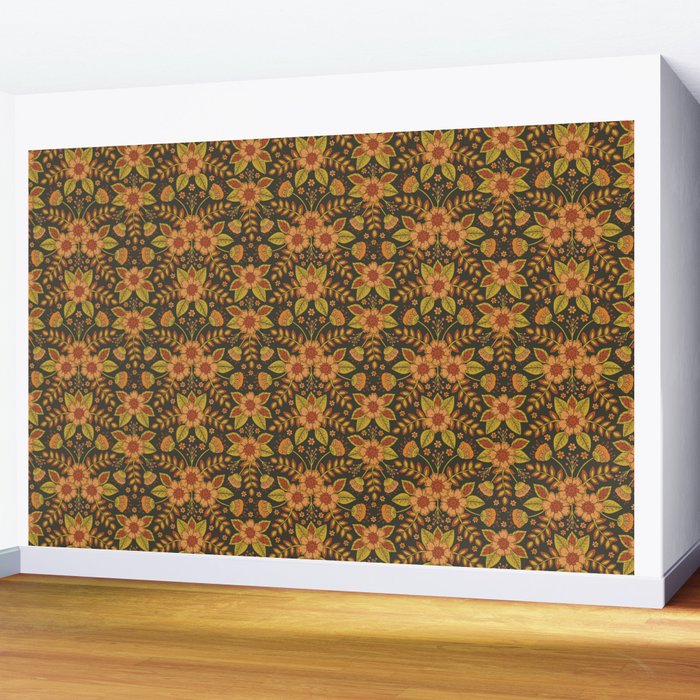 Orange, Peach, Olive Green & Dark Gray Floral Pattern Wall Mural Gallery Image 2