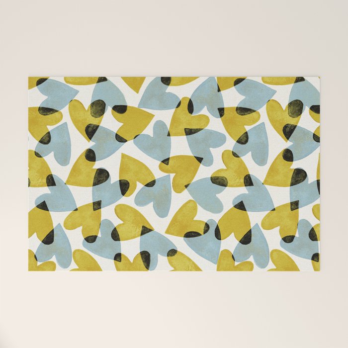 Linocut Hearts / Blue & Yellow Welcome Mat Gallery Image 1