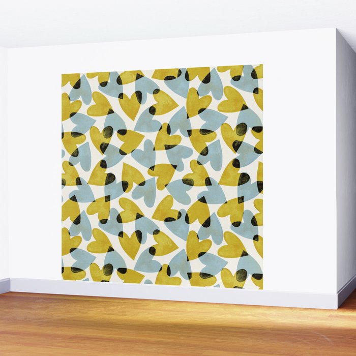 Linocut Hearts / Blue & Yellow Wall Mural Gallery Image 2