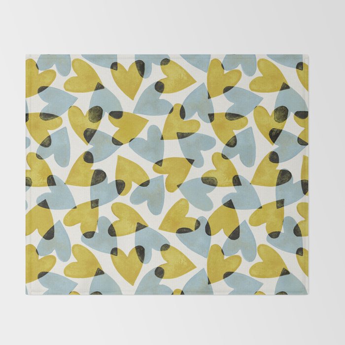 Linocut Hearts / Blue & Yellow Throw Blanket Gallery Image 2