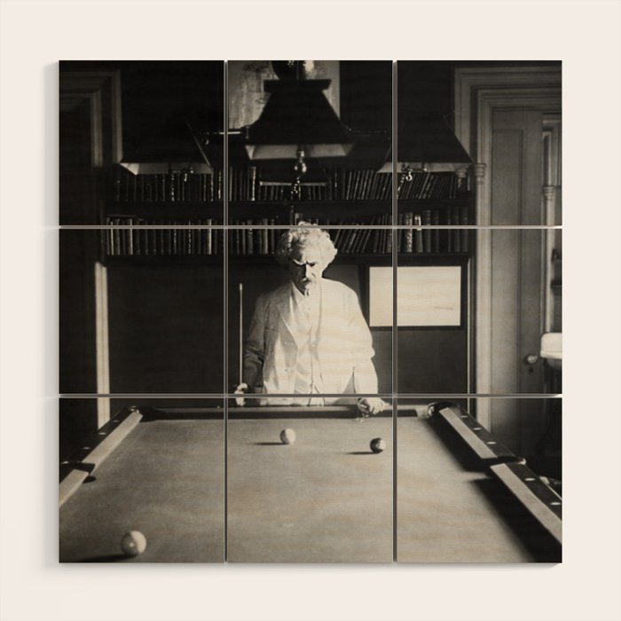 1891 Mark Twain playing billiards, pool black and white vintage photograph / photography Wood Wall Art Gallery Image 1