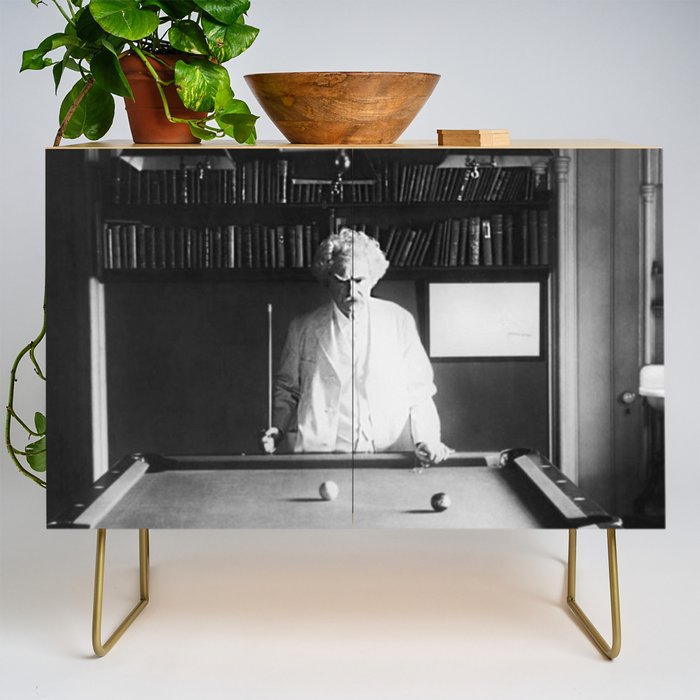 1891 Mark Twain playing billiards, pool black and white vintage photograph / photography Credenza Gallery Image 1