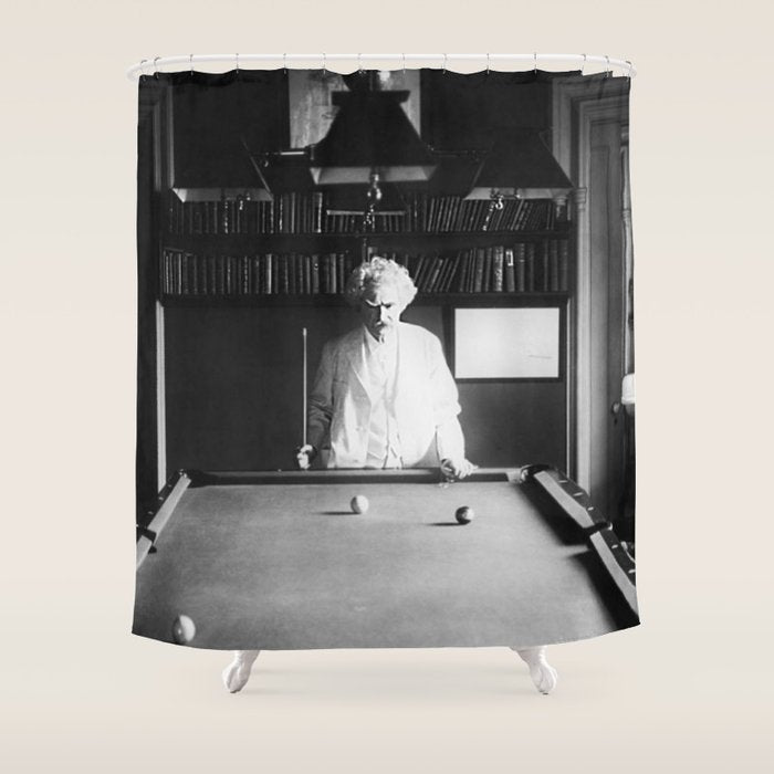 1891 Mark Twain playing billiards, pool black and white vintage photograph / photography Shower Curtain Gallery Image 1