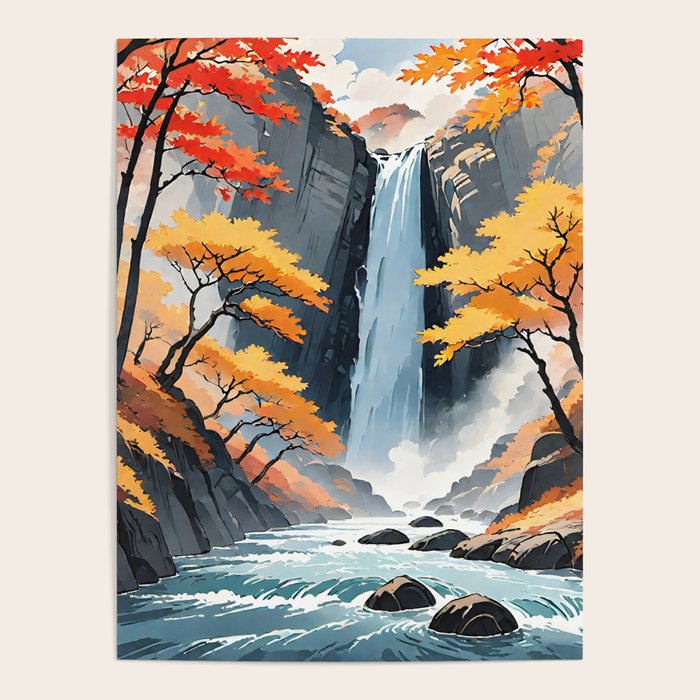 Autumn Falls - A Contemporary Ukiyo-e Nature Landscape Poster Gallery Image 4