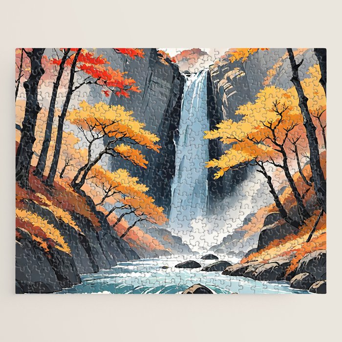 Autumn Falls - A Contemporary Ukiyo-e Nature Landscape Jigsaw Puzzle Gallery Image 1