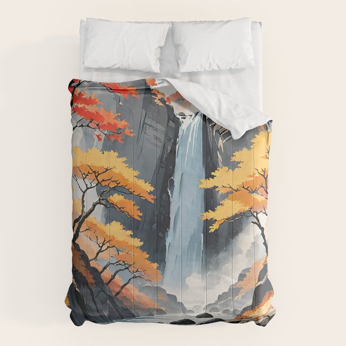 Autumn Falls - A Contemporary Ukiyo-e Nature Landscape Comforter Gallery Image 6