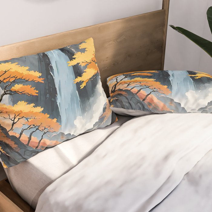 Autumn Falls - A Contemporary Ukiyo-e Nature Landscape Pillow Sham Gallery Image 2