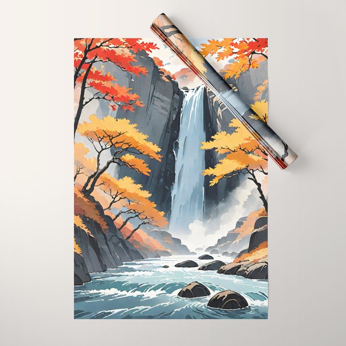 Autumn Falls - A Contemporary Ukiyo-e Nature Landscape Wrapping Paper Gallery Image 1