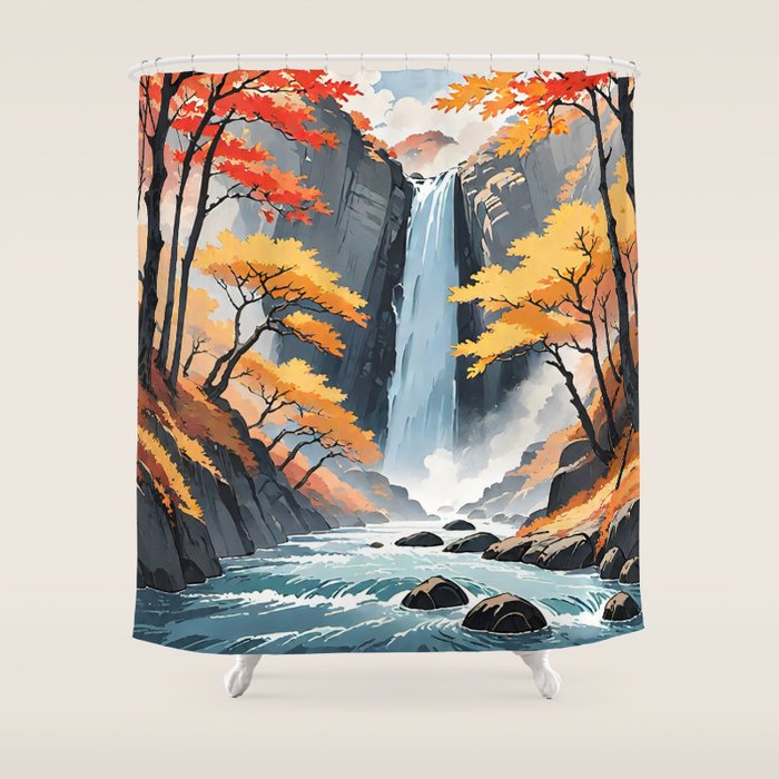 Autumn Falls - A Contemporary Ukiyo-e Nature Landscape Shower Curtain Gallery Image 1