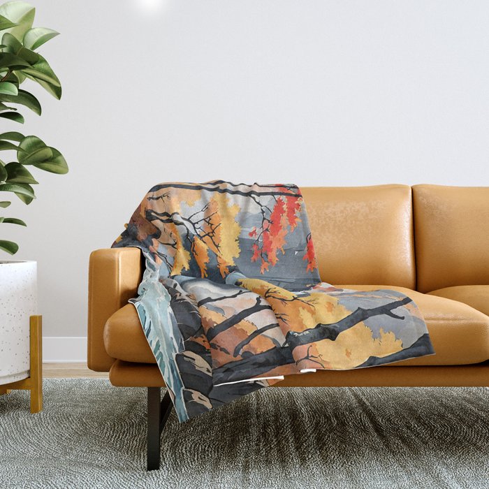 Autumn Falls - A Contemporary Ukiyo-e Nature Landscape Throw Blanket Gallery Image 1