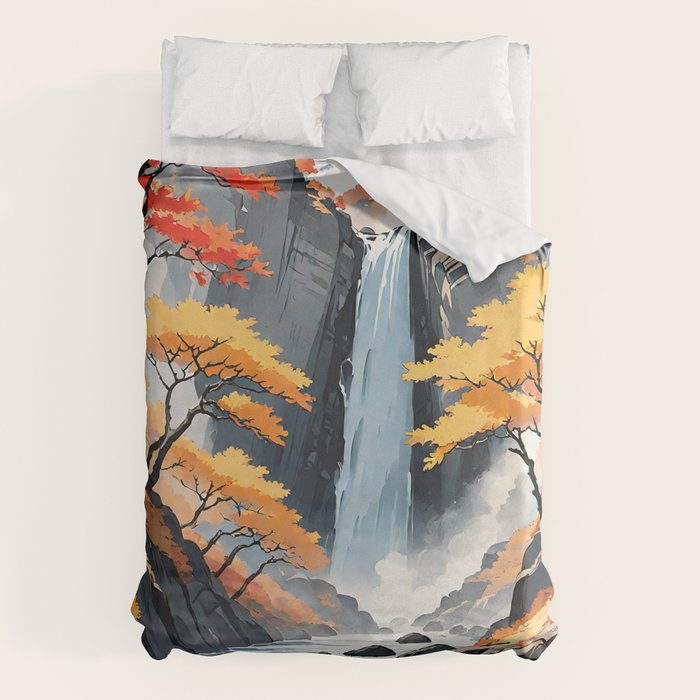 Autumn Falls - A Contemporary Ukiyo-e Nature Landscape Duvet Cover Gallery Image 1