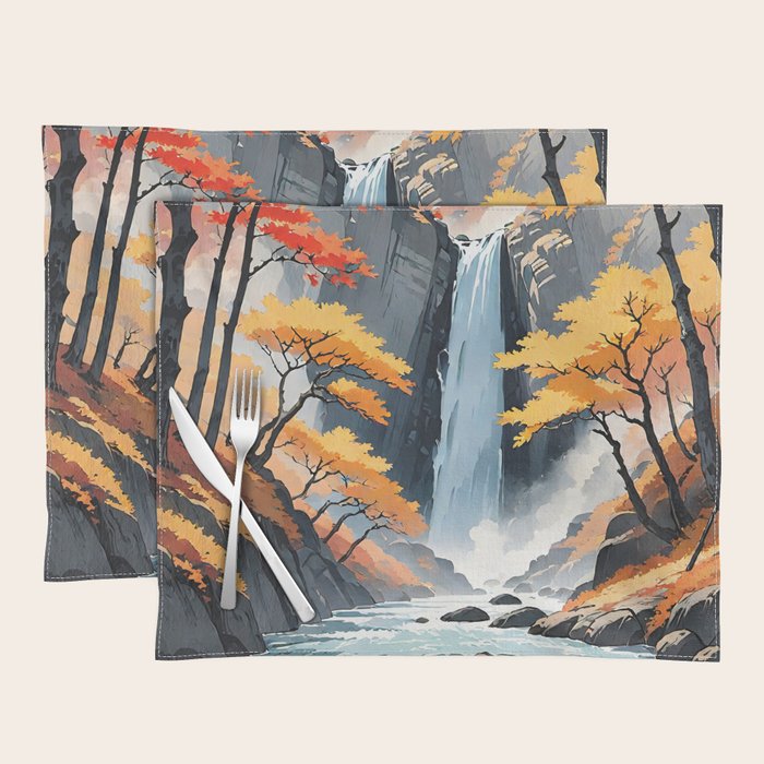 Autumn Falls - A Contemporary Ukiyo-e Nature Landscape Placemat Gallery Image 1