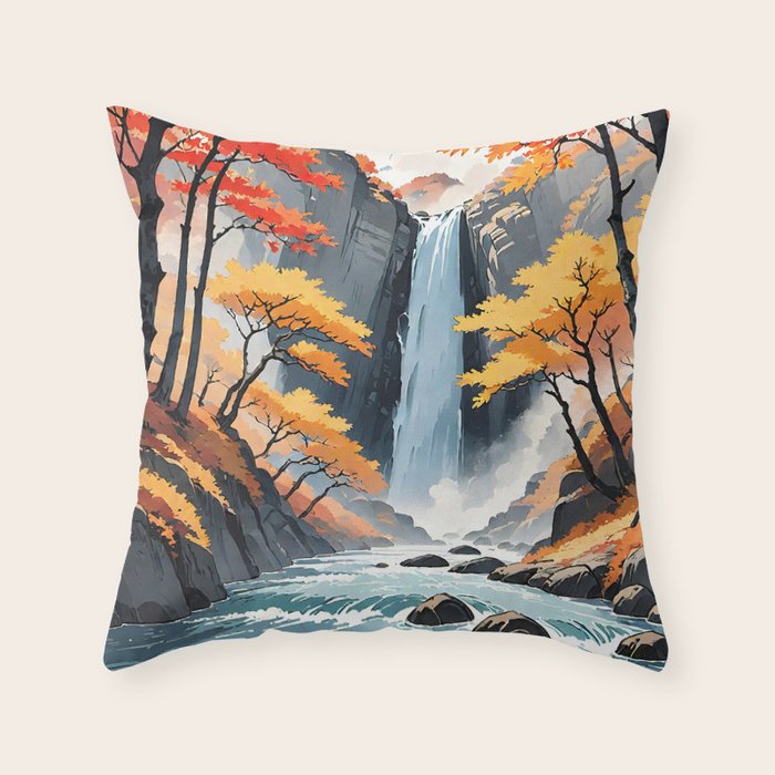 Autumn Falls - A Contemporary Ukiyo-e Nature Landscape Throw Pillow Gallery Image 1