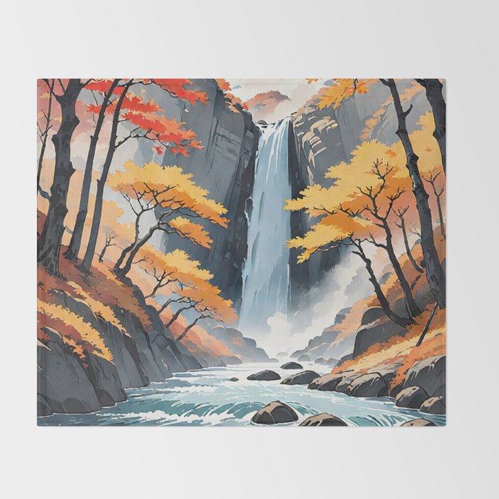 Autumn Falls - A Contemporary Ukiyo-e Nature Landscape Throw Blanket Gallery Image 2