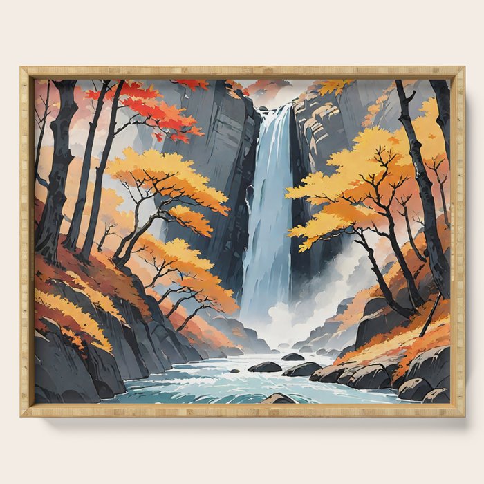 Autumn Falls - A Contemporary Ukiyo-e Nature Landscape Serving Tray Gallery Image 1