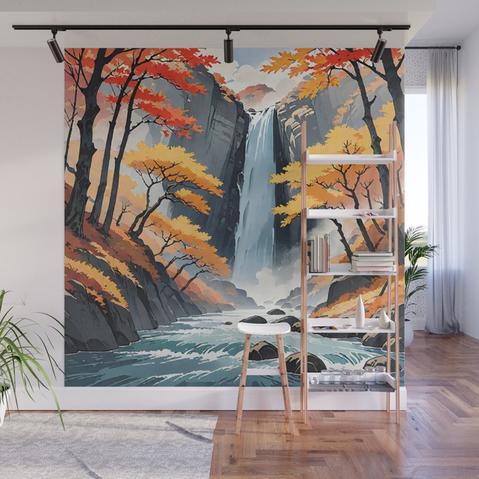 Autumn Falls - A Contemporary Ukiyo-e Nature Landscape Wall Mural Gallery Image 1