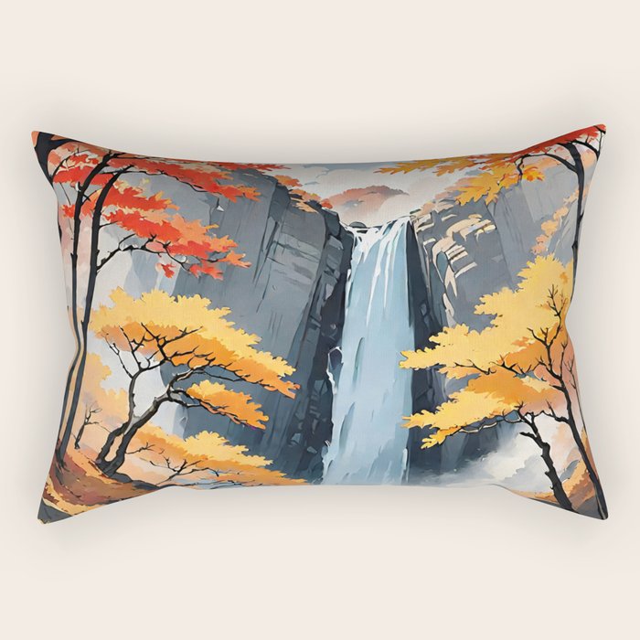 Autumn Falls - A Contemporary Ukiyo-e Nature Landscape Rectangular Pillow Gallery Image 1