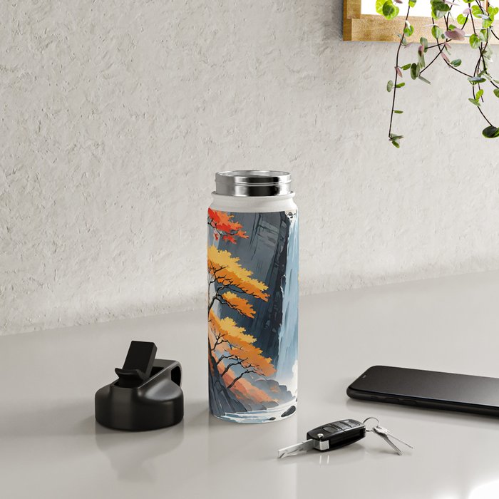 Autumn Falls - A Contemporary Ukiyo-e Nature Landscape Water Bottle Gallery Image 4