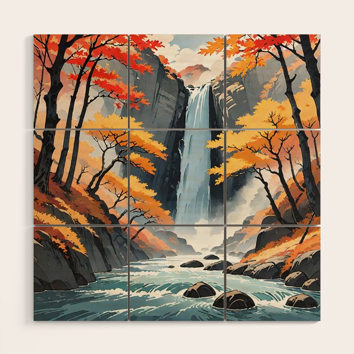 Autumn Falls - A Contemporary Ukiyo-e Nature Landscape Wood Wall Art Gallery Image 1