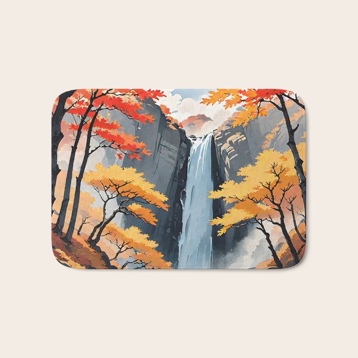 Autumn Falls - A Contemporary Ukiyo-e Nature Landscape Bath Mat Gallery Image 1