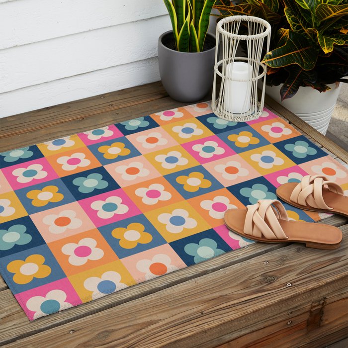 Floral checkerboard Outdoor Rug Gallery Image 2