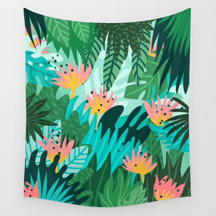 Let's Dance In The Sun, Wearing Wildflowers In Our Hair, Tropical Jungle Nature Botanical Painting Wall Tapestry Gallery Image 1