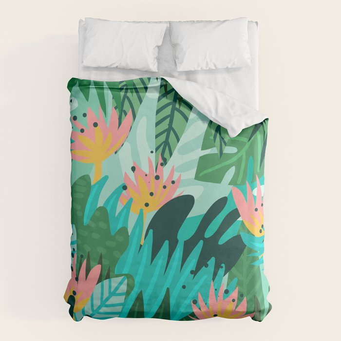 Let's Dance In The Sun, Wearing Wildflowers In Our Hair, Tropical Jungle Nature Botanical Painting Duvet Cover Gallery Image 1
