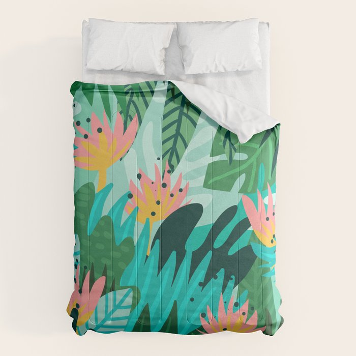 Let's Dance In The Sun, Wearing Wildflowers In Our Hair, Tropical Jungle Nature Botanical Painting Comforter Gallery Image 6