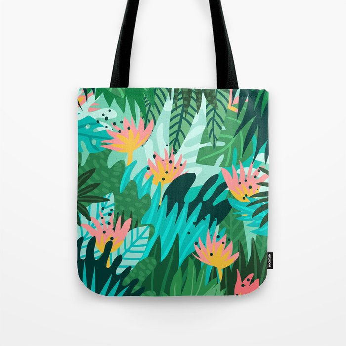 Let's Dance In The Sun, Wearing Wildflowers In Our Hair, Tropical Jungle Nature Botanical Painting Tote Bag Gallery Image 1
