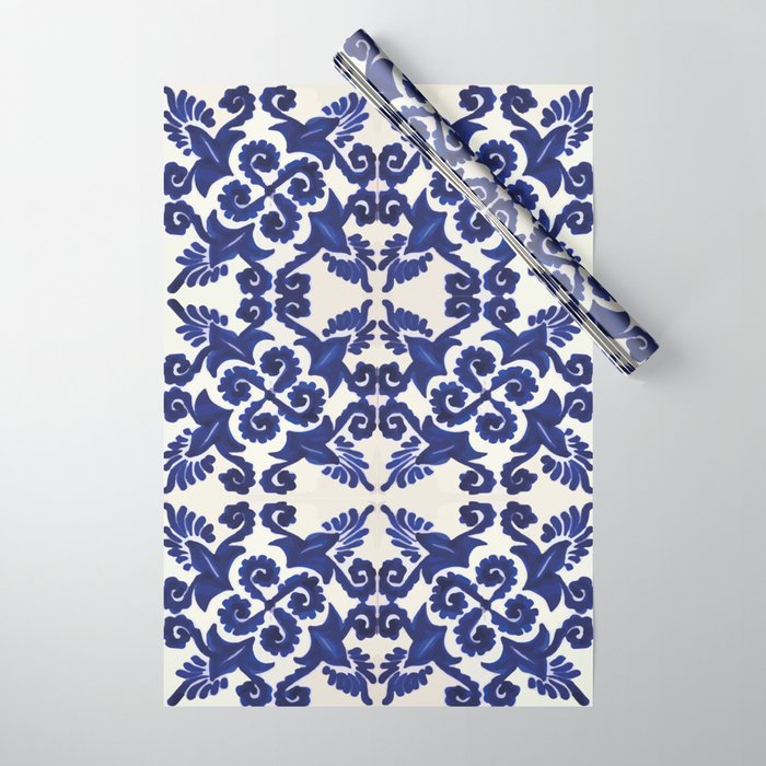 Talavera mexican tile traditional blue ceramic mosaic Wrapping Paper Gallery Image 1