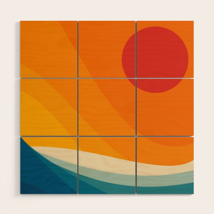 Abstract colorful landscape with wavy sea and sun Wood Wall Art Gallery Image 1