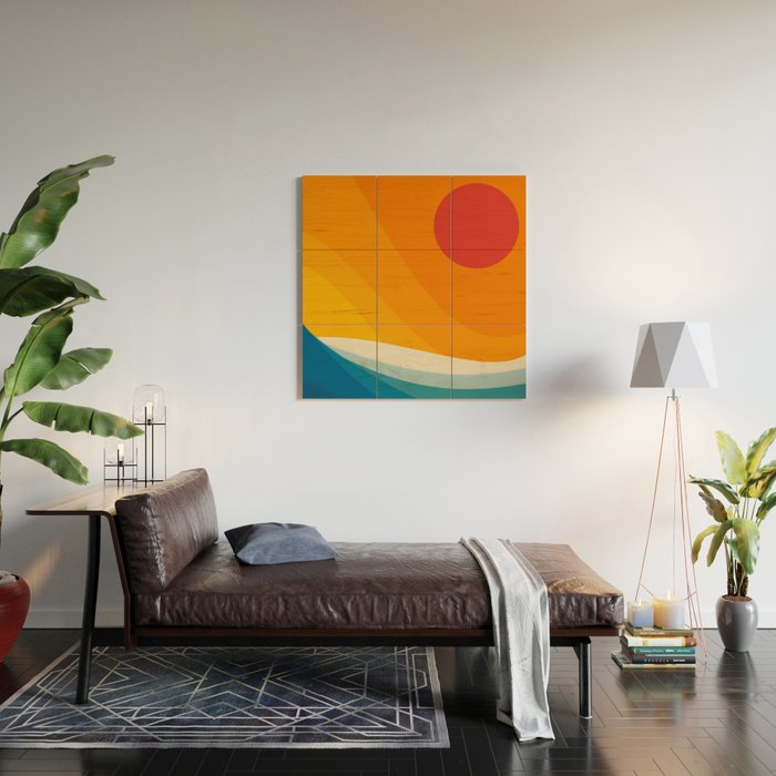 Abstract colorful landscape with wavy sea and sun Wood Wall Art Gallery Image 2