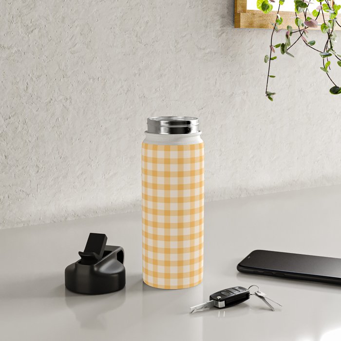 Gingham Checkered Patchwork in Orange Yellow. Water Bottle Gallery Image 5